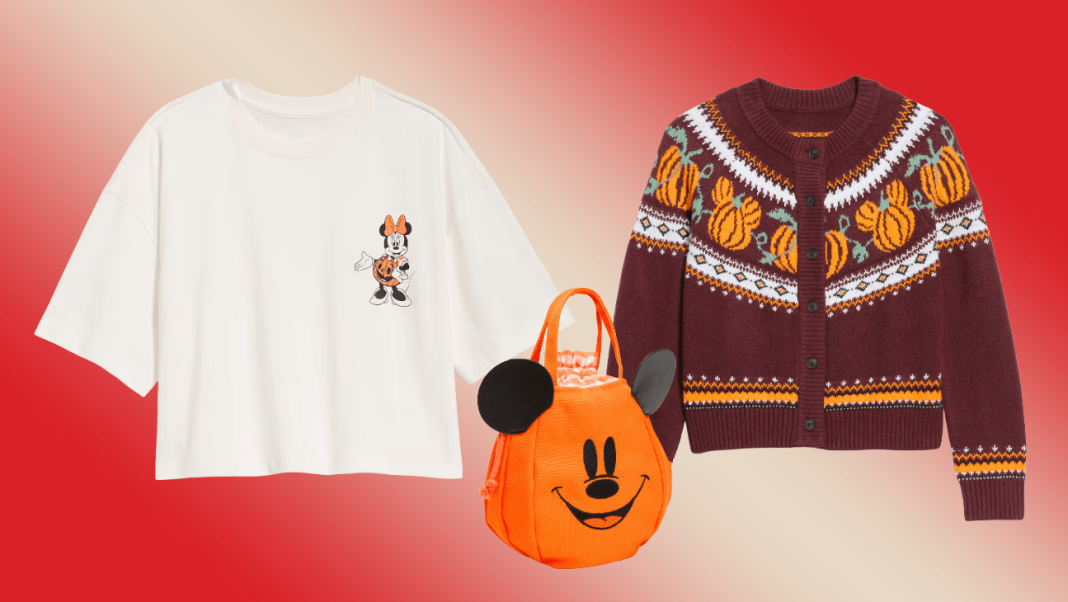 Old Navy Disney fall collection; brown plaid packable tote bag with Mickey Mouse pumpkin details